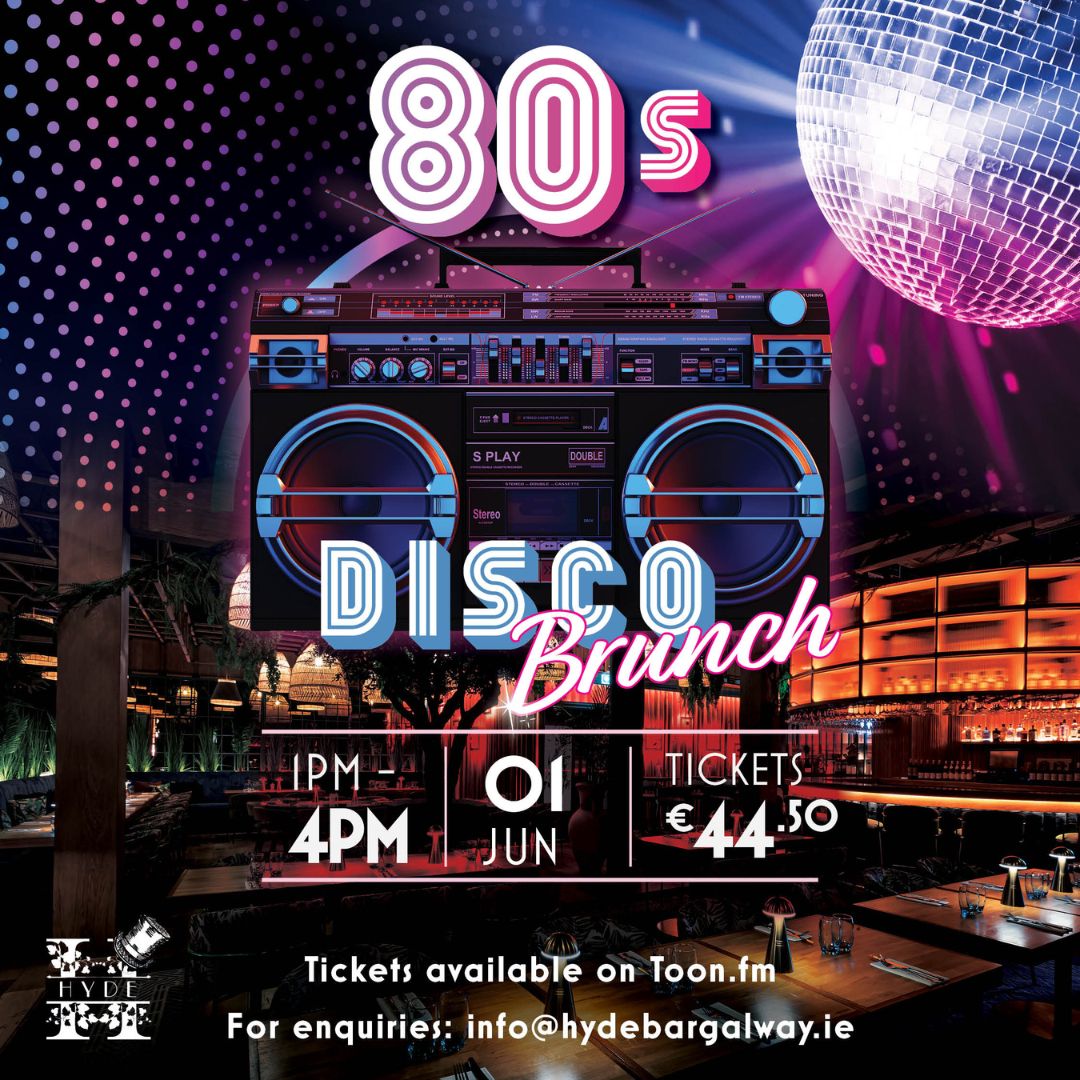 Neon 80s-themed disco brunch poster featuring a large retro boombox and a mirrored disco ball. The event runs from 1pm to 4pm on June 1st, with tickets priced at €44.50 and available on Toon.fm. The background shows a vibrant bar interior with colorful lighting. Contact information is listed at the bottom.